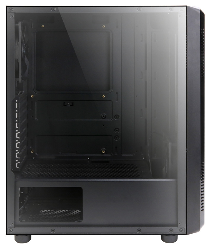 Case Zalman S4 čierna/strieborná Na obrázku je bočný pohľad na PC skriňu Zalman S4 s nasadenou priehľadnou bočnicou z tónovaného skla. Cez sklo je vidieť prázdne vnútro skrine – priestor pre základnú dosku, pozície pre rozširujúce karty vľavo a dole kryt pre zdroj so samostatným oddielom. Bočnica je uchytená skrutkami v rohoch a na pravom okraji je viditeľná časť predného panelu s vetracími prieduchmi. Skriňa stojí na dvoch viditeľných nôžkach.