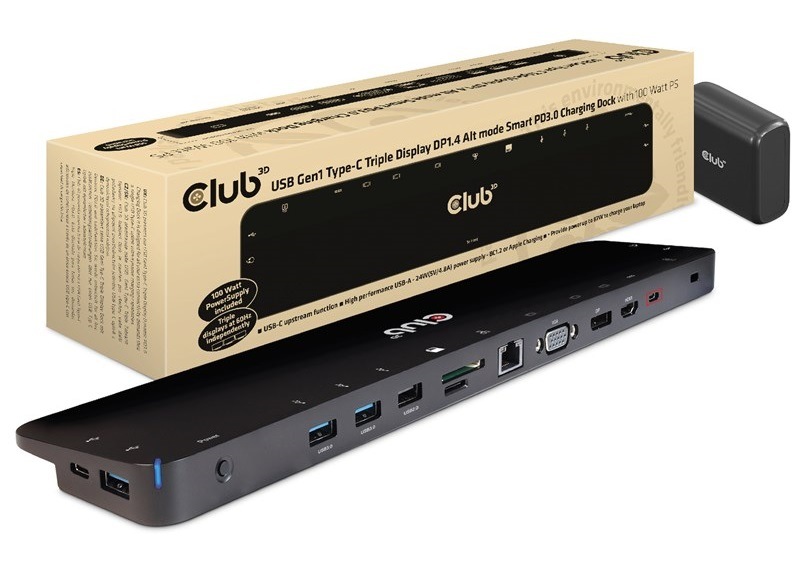 Dokovacia stanica Club3D USB-C, Triple Display DP 1.4 Alt mode Smart PD3.0 100 W