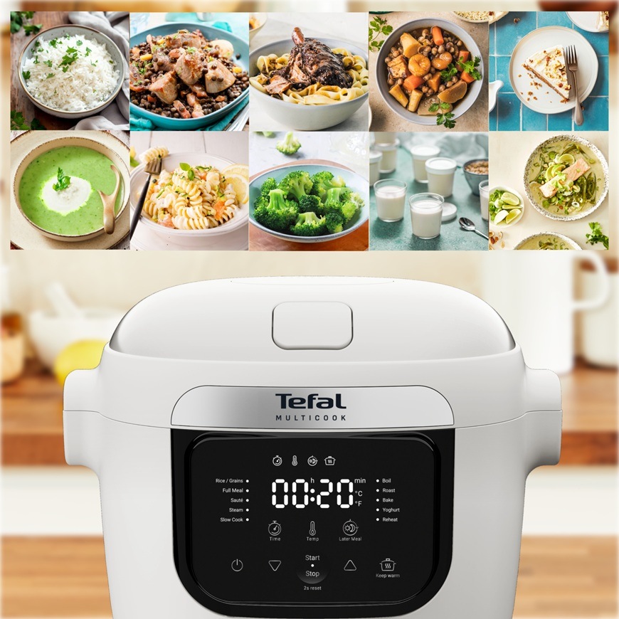 Multifunkčný hrniec Tefal MY700BF0 Multicook s digitálnym displejom a ukážkou rôznych jedál, ktoré je možné v prístroji pripraviť.