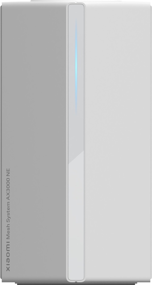 Čelný pohľad na bielu jednotku Xiaomi Mesh System AX3000 NIE. Na prednej strane má úzky zvislý svetelný prúžok a vľavo dole zvislý nápis Xiaomi Mesh System AX3000 NIE.