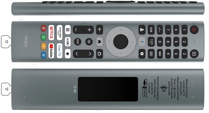 ovládač televízie Haier zboku, spredu a zozadu