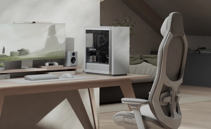 Case FRACTAL DESIGN Define One Light TG Clear Tint biela Počítačová skriňa FRACTAL DESIGN Define One Light TG Clear Tint ako súčasť čisto ladeného herného pracovného stola