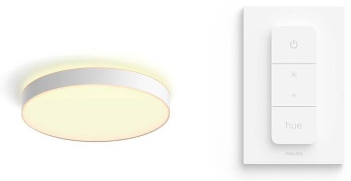 Stropné svietidlo Philips Hue Enrave XL v bielej farbe s ovládačom Hue Dimmer Switch V2 na stene