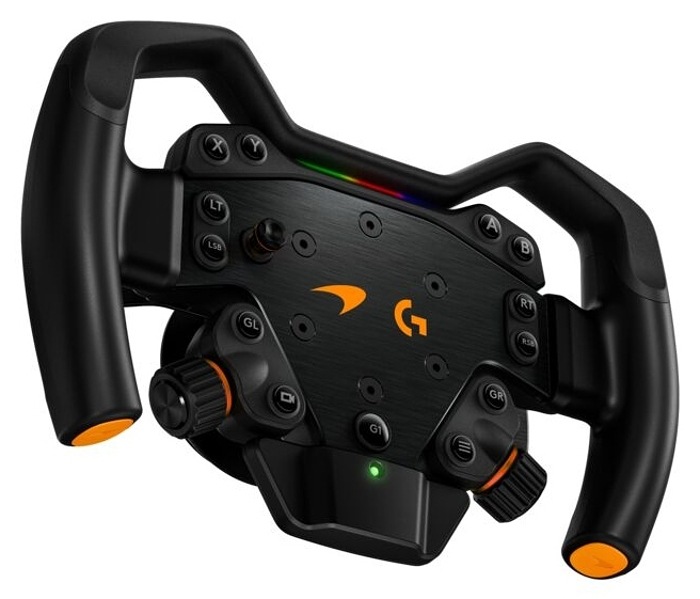 Volant Logitech RS50 McLaren Racing Wheel Bundle, PS čierny Volant Logitech RS50 McLaren Racing Wheel s otvoreným tvarom, ovládacími tlačidlami a RGB indikátorom