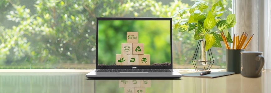 Notebook Acer Aspire Go 15 (AG15-42P-R3QZ) strieborný Zelené ikony zobrazené na displeji šetrného notebooku Acer Aspire Go 15″ width=