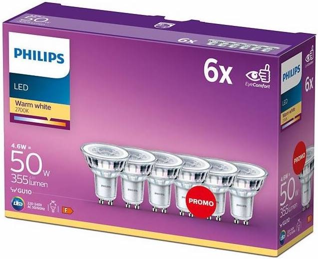 LED žiarovka Philips bodová, 4,6 W, GU10, teplá biela, 6ks