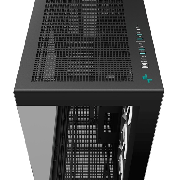 Case DeepCool CH780 ARGB biela Detail obrázku hornej časti PC skrine.