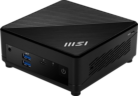 Mini PC MSI Cubi 5 zo šikmého pohľadu v čiernom prevedení, s vrúbkovaným horným panelom, logom MSI, USB portami, USB-C, audio konektorom a bočným vetraním.