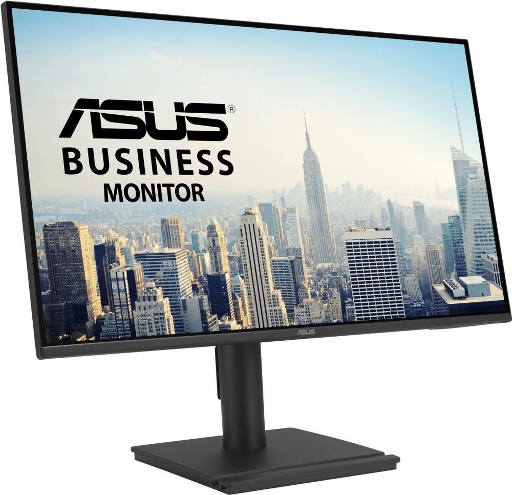 Na obrázku je monitor Asus BE27AQ 27" v tmavo šedom prevedení z predného šikmého pohľadu. Má tenké rámčeky po stranách aj hore a širšiu spodnú lištu s logom Asus uprostred. Monitor stojí na jednoduchom valcovom stojane s hranatou plochou základňou. Konštrukcia pôsobí striedmo a kancelárie.