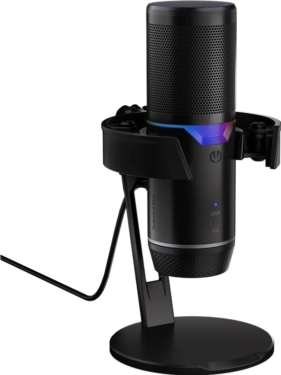 Čierny mikrofón ENDORFY Solum 2 Pro na stolnom stojane s antivibračným držiakom a RGB podsvietením.