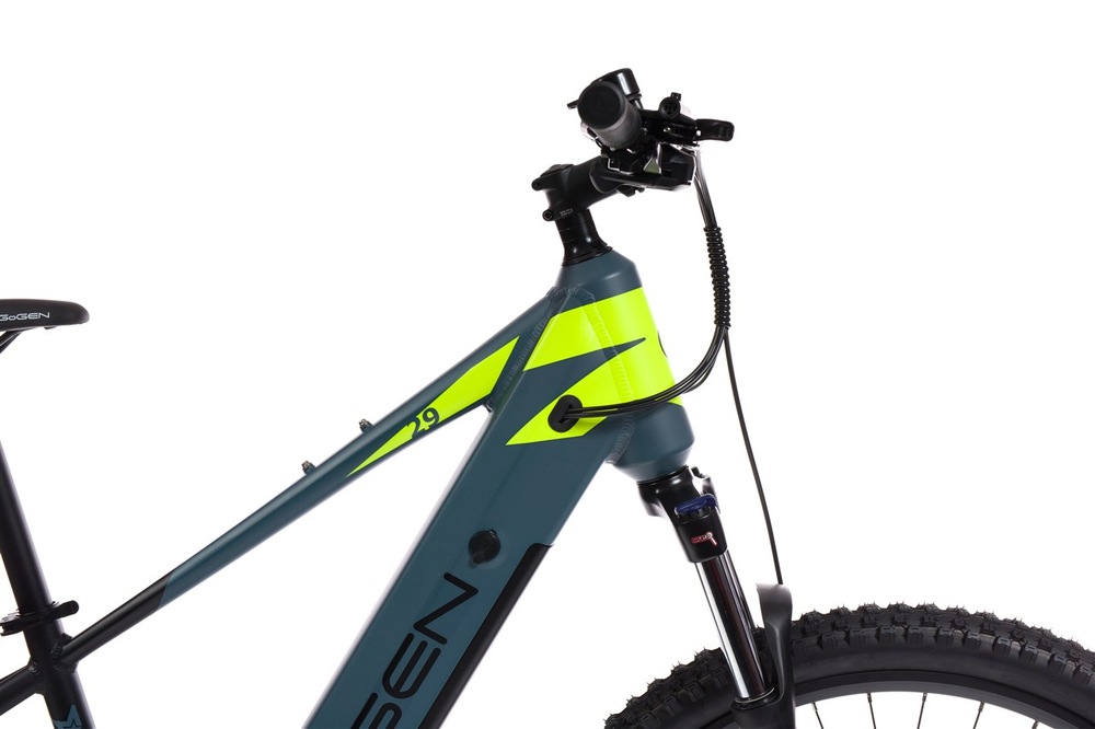 Elektrobicykel GoGEN Revonix HD 720 29" 19" 2026 sivé/neónová žltá GoGEN Revonix HD garantuje pohodlnú jazdu vďaka odpruženej vidlici SR Suntour