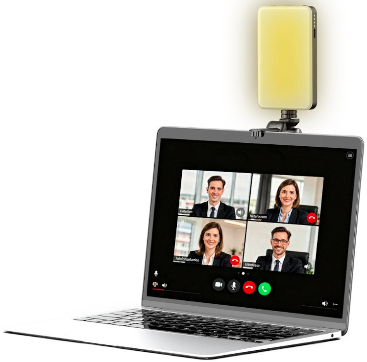 Rollei LUMIS Mini Creator RGB pripevnený k notebooku pre videohovory a online stretnutia