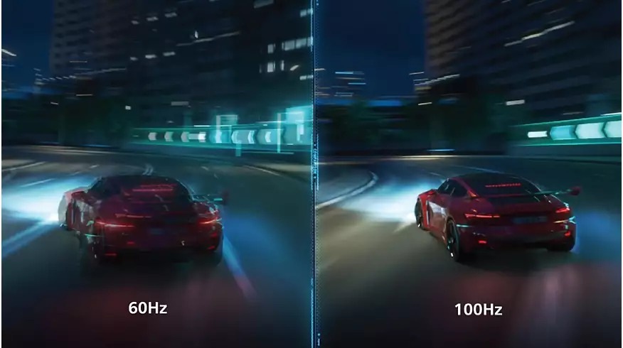 Monitor Philips 24E2N1100LB čierny Rozdelený obraz porovnáva jasnosť pohybu: červené športové auto závodiace v noci, rozmazané pri 60 Hz vľavo a jasné pri 100 Hz vpravo.