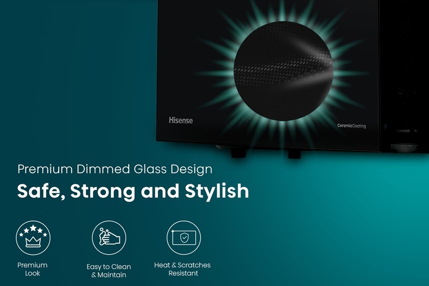 Mikrovlnná rúra Hisense H23MOBSD2H4 čierna Detailný záber na dvierka mikrovlnky Hisense H23MOBSD2H4. Sklo je mimoriadne odolné proti poškriabaniu a odolá aj vysokým teplotám.