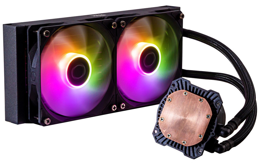 Vodný chladič Cooler Master MasterLiquid ML240L Core ARGB Fotografie vodného chladiča so zapnutými ARGB ventilátormi. Dve hadice a pumpa s medenou podložkou.