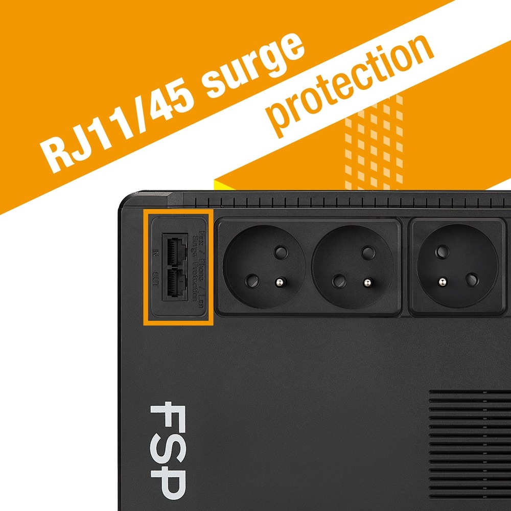 Záložný zdroj FSP ECO 800 FR, 800VA/480W, USB, RJ45, line interactive čierny Detailný záber na prepäťovú ochranu s portami RJ11/45 a tromi elektrickými zásuvkami. Tučný text zvýrazňuje „prepäťová ochrana RJ11/45“ na oranžovom pozadí.