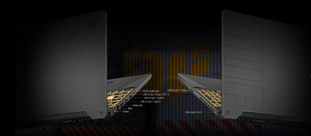 Notebook Asus TUF Gaming A15 čierny Pohľad na dve strany notebooku s rôznymi portami, ako sú HDMI a USB, čo zdôrazňuje rozšírené možnosti pripojenia.