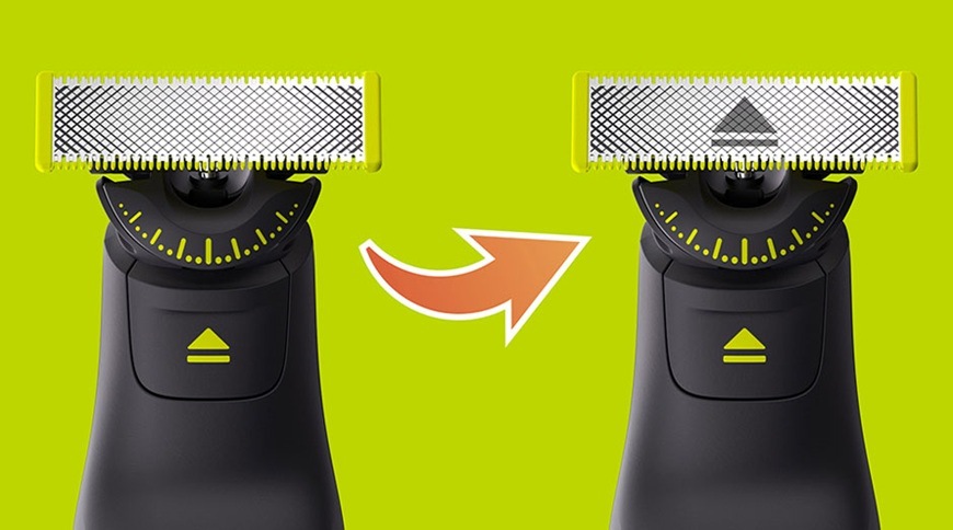 Ukážka obojstranného britu náhradnej hlavice Philips OneBlade QP945/50, grafické znázornenie možnosti holenia v oboch smeroch pre presnú úpravu fúzov.