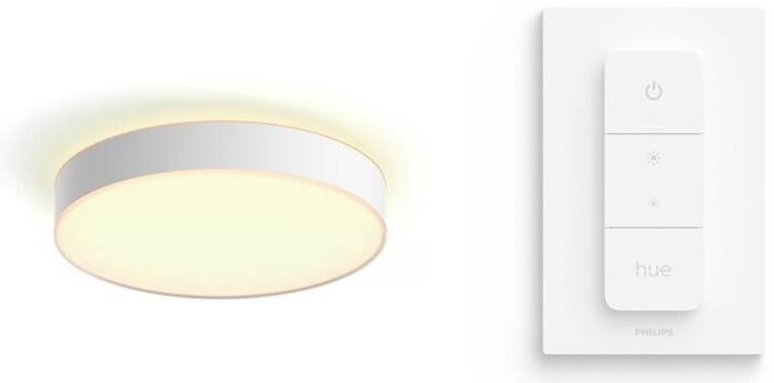 Stropné svietidlo Philips Hue Enrave L v bielej farbe s ovládačom Hue Dimmer Switch V2 na stene