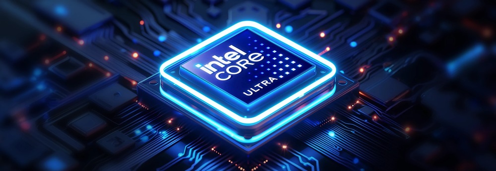 Žiarivý čip Intel Core Ultra na detailnej doske s plošnými spojmi vyžaruje modré, futuristické svetlo.