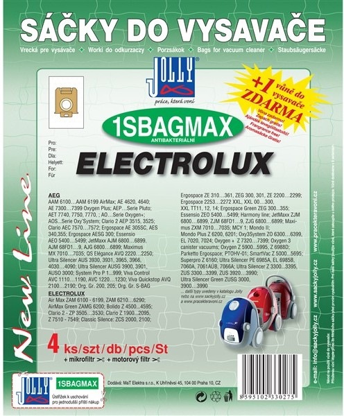 Vrecká do vysávača Jolly MAX 1 SBAG (4+1+1ks) pre vysávače Philips, Electrolux, Tornado, Volta a AEG
