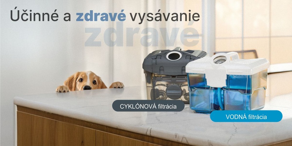 Viacúčelový vysávač Thomas Amfibia PRO Animal čierny/biely Na kuchynskej linke sú položené cyklónový a vodný filter, o ktorú sa opiera šteniatko. Nápis „Účinné a zdravé vysávanie“.
