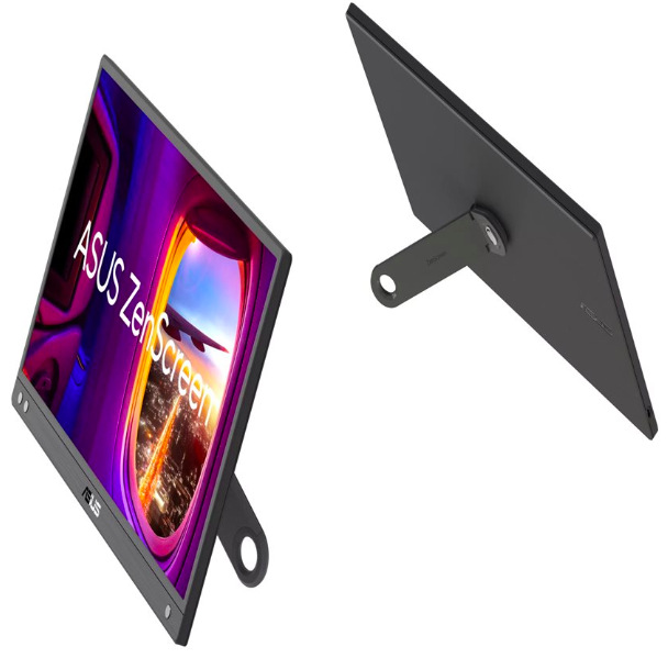 Zadný a bočný pohľad na monitor ASUS ZenScreen MB166CR s tenkým telom a integrovaným stojanom