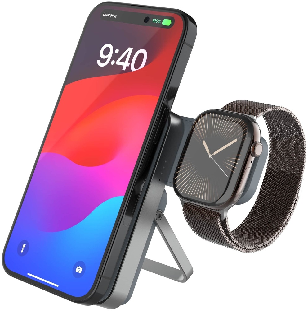 Powerbank FIXED MagZen 5 Stand, nabíjení Apple Watch, MagSafe, 5000 mAh sivá FIXED MagZen 5 Stand nabíja iPhone a Apple Watch súčasne.