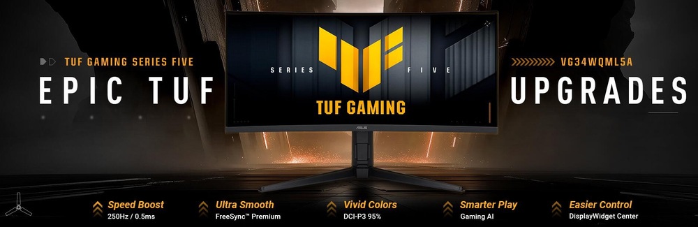 Herný monitor Asus TUF Gaming VG34WQML5A čierny Na obrázku je prezentačná grafika k hernému monitoru Asus TUF Gaming VG34WQML5A. Uprostred je širokouhlý prehnutý monitor na čiernom hernom stojane s tromi nohami. Na obrazovke je logo TUF Gaming Series Five. Okolitá tmavá grafika zvýrazňuje hlavné vlastnosti monitora: obnovovaciu frekvenciu 250 Hz, odozvu 0,5 ms, podporu FreeSync Premium, pokrytie 95 % DCI-P3, herné AI funkcie a ovládanie cez DisplayWidget Center.