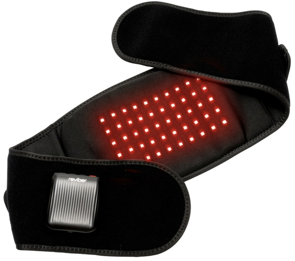 Čierny masážny prístroj Reviber Zen Physio LED na kríže s rozsvietenými LED diódami