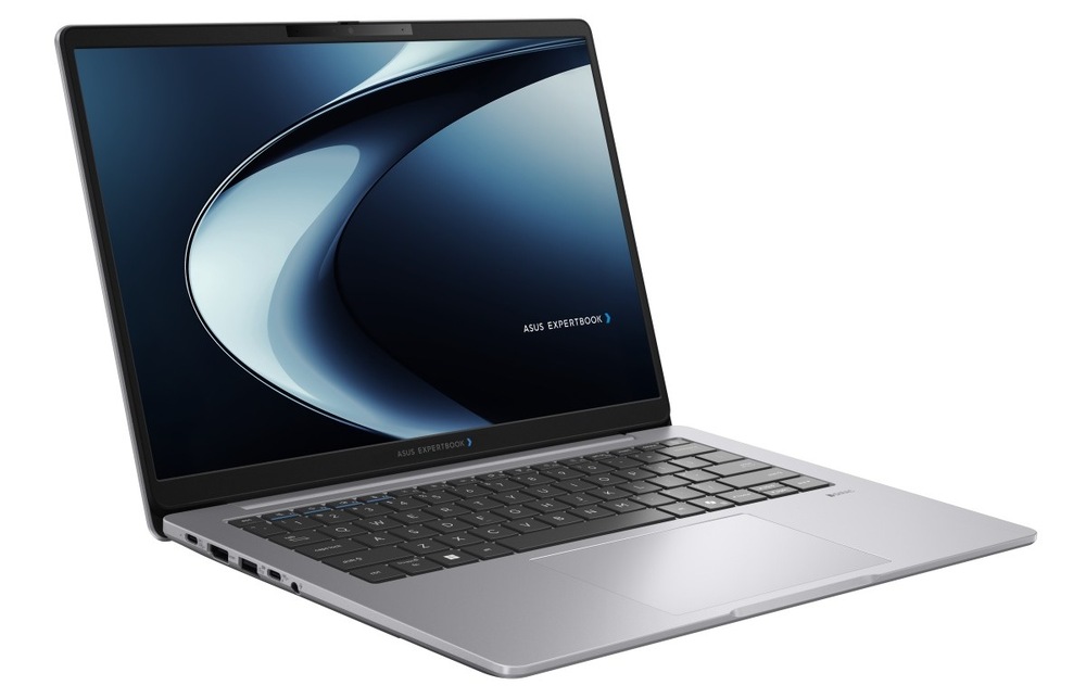 Notebook Asus ExpertBook P3 G2 sivý Otvorený a zapnutý notebook Asus ExpertBook P3 natočený doprava