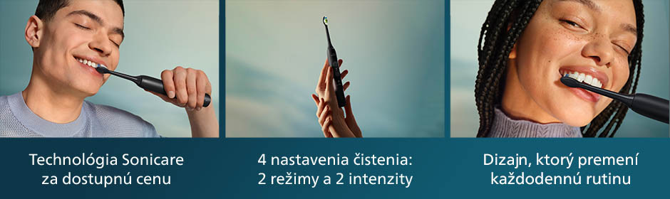 Na prvom obrázku si čistí muž zuby, na druhom obrázku je kefka v dlaniach a na treťom je žena čistiaca si zuby kefkou