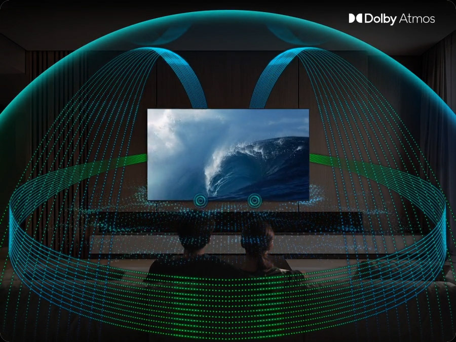 Televízor Samsung 115" Micro RGB MRE115MR95F Ľudia sledujúci televíziu v obývacej izbe, zakreslenie rozloženia zvuku Dolby Atmos
