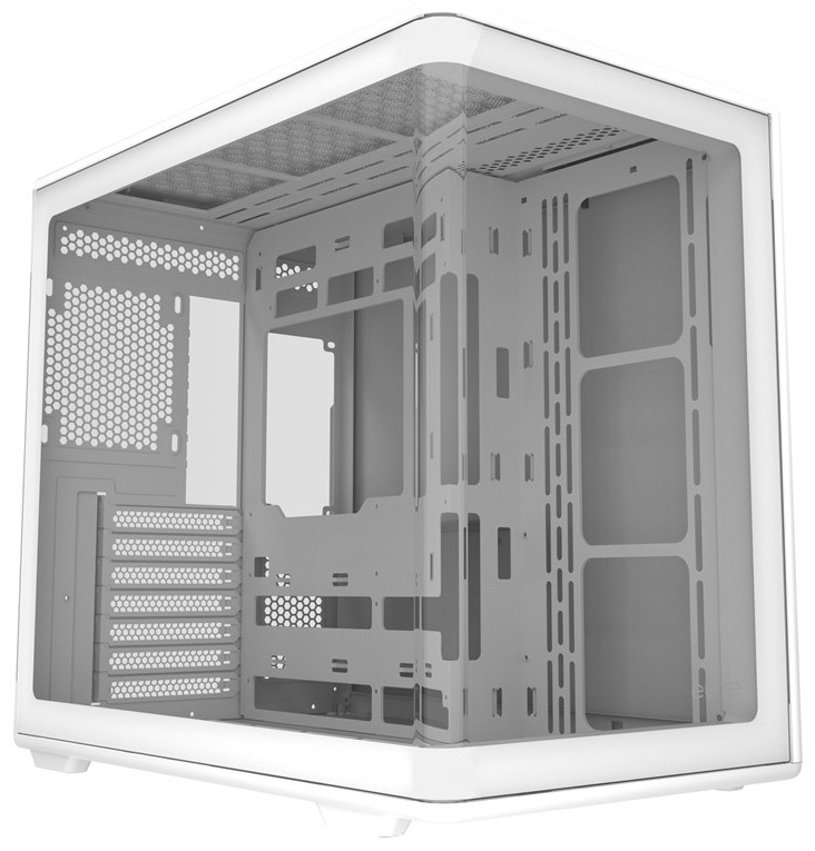 Case Cooler Master Elite 600 biela Uhlpriečny pohľad na PC skriňu cez predné a bočné tvrdené sklo. Snímka ukazuje rozloženie vnútorného priestoru.