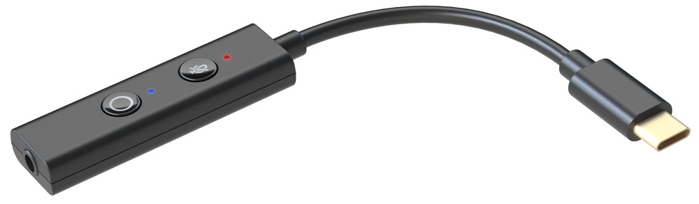 Zvuková karta Creative Sound Blaster Play! 4 Na snímke je zachytená karta. Čierna obdĺžniková krabička s dvoma tlačidlami a diódami - červenou a modrou. Zo spodnej strany krabičky je 3,5 mm port na pripojenie slúchadiel, z druhej strany je kábel, ktorý má na svojom konci USB konektor.