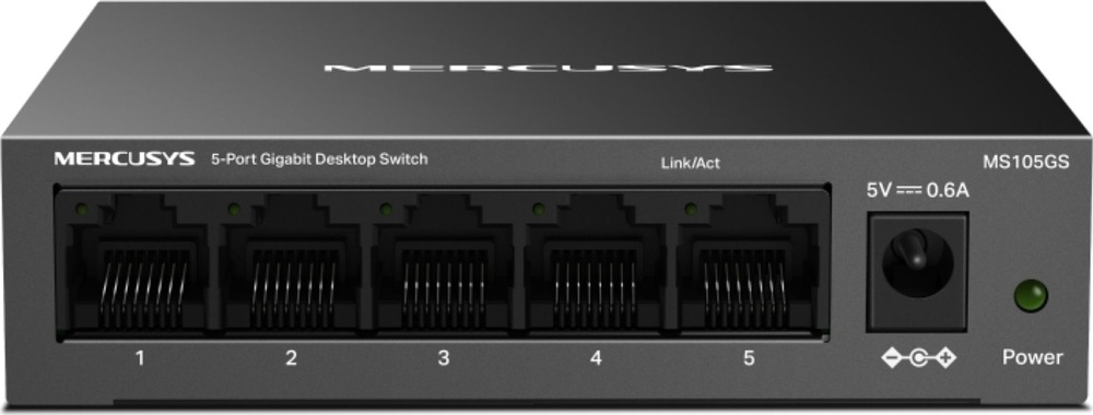 Switch Mercusys MS105GS (MS105GS) čierny Čierny kovový switch Mercusys MS105GS s piatimi LAN portami, stavovými kontrolkami a napájacím konektorom na prednej strane.