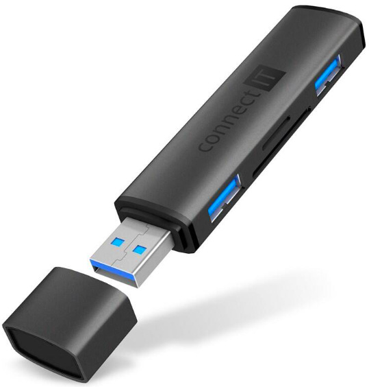 USB Hub Connect IT COMPACT 4v1 USB-A hub + čítačka kariet, USB-A/ 2x USB-A 3.0, 1x SD, 1x MicroSD - antracitová