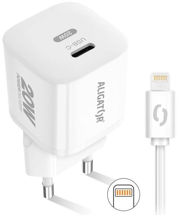 Nabíjačka do siete Aligator Power Delivery 20W, USB-C + kábel pre Apple biela