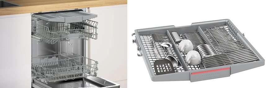 Otvorená umývačka Bosch SMV2HVX06E, flexibilné koše Vario a príborová zásuvka