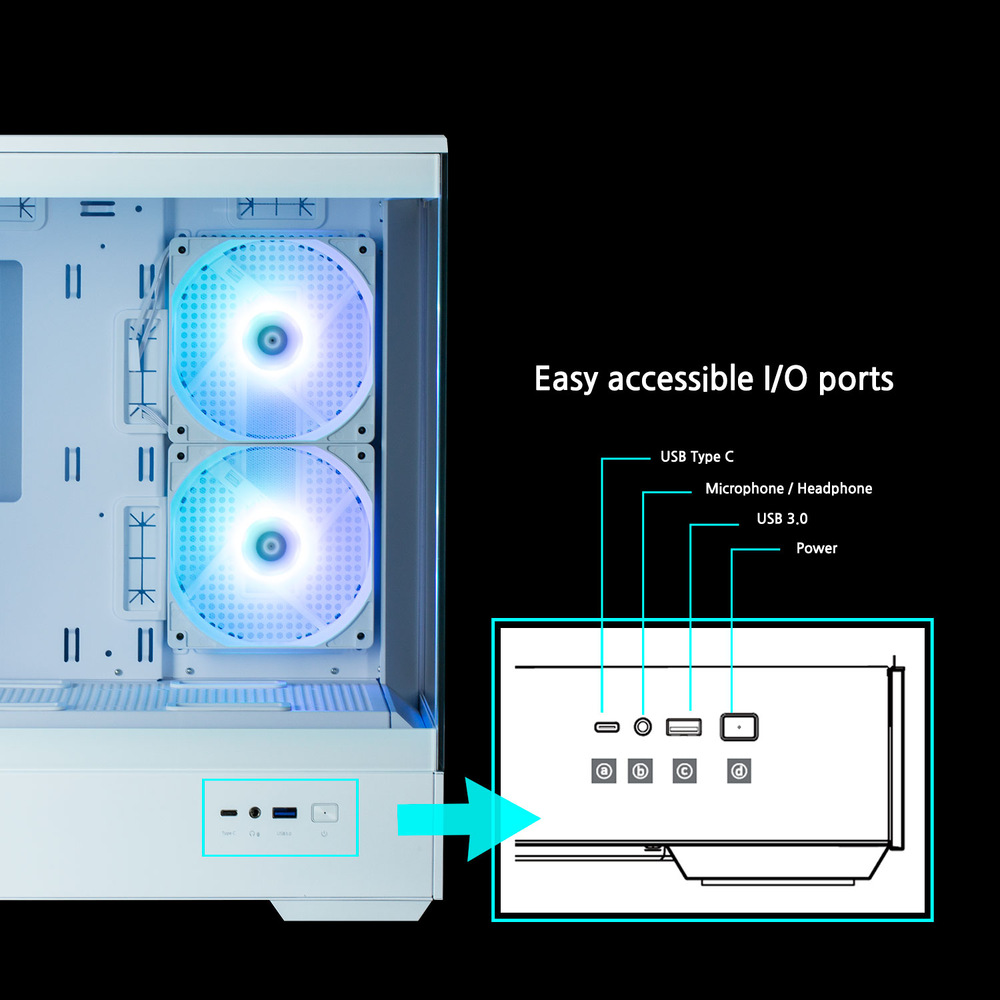 Case Zalman P30 White V2 biela Biela počítačová skriňa s dvoma modro podsvietenými chladiacimi ventilátormi. Diagram znázorňuje porty na prednom paneli: USB typu C, mikrofón/slúchadlá, USB 3.0 a napájanie.
