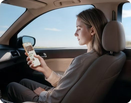 Žena v aute sledujúca obrazovku zariadenia HONOR 600″ width=