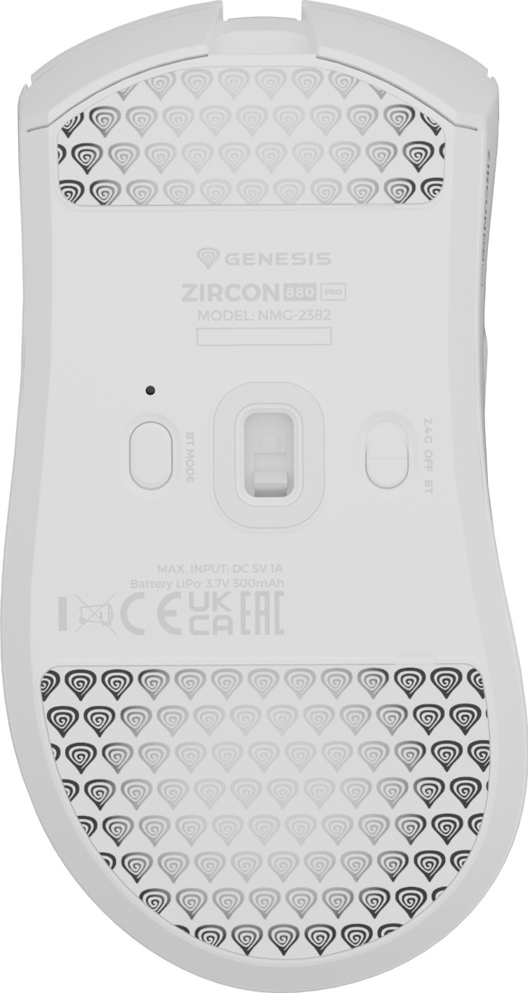 Myš Genesis Zircon 880 PRO biela Spodná strana bielej myši Genesis Zircon 880 PRO s optickým senzorom uprostred, tlačidlom režimu Bluetooth a prepínačom medzi 2,4 GHz, vypnutím a Bluetooth. Hore a dole sú veľké sklenené klzáky.