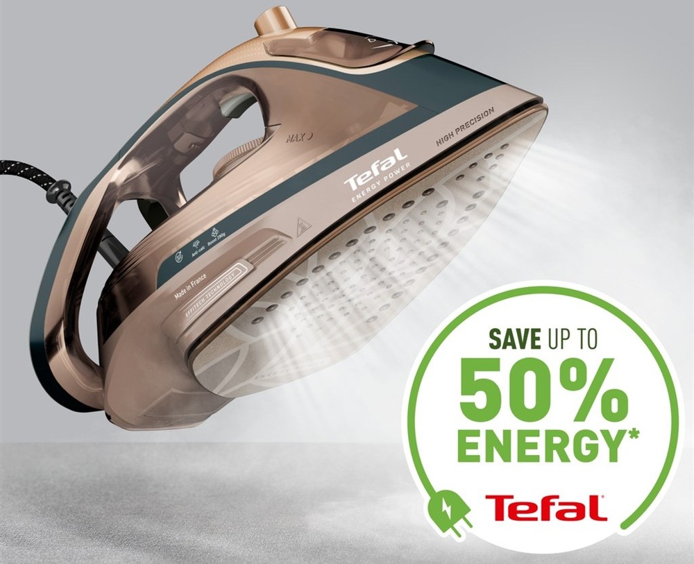 Žehlička Tefal FV6882E0 Energy Power vďaka technológii EFFITECH dosahuje vysokú účinnosť pri nižšej spotrebe energie.