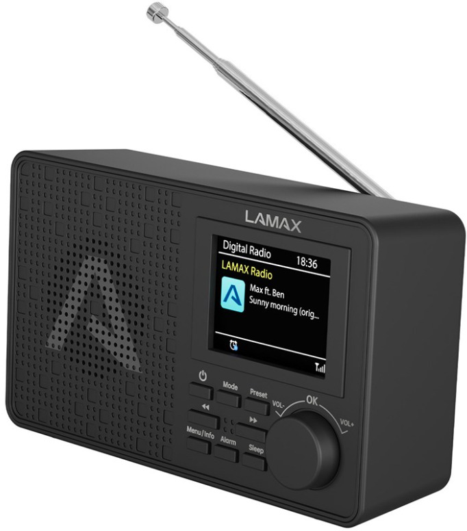 Rádioprijímač DAB+ LAMAX RadioVox1 DAB v čiernom prevedení s farebným TFT displejom a teleskopickou anténou