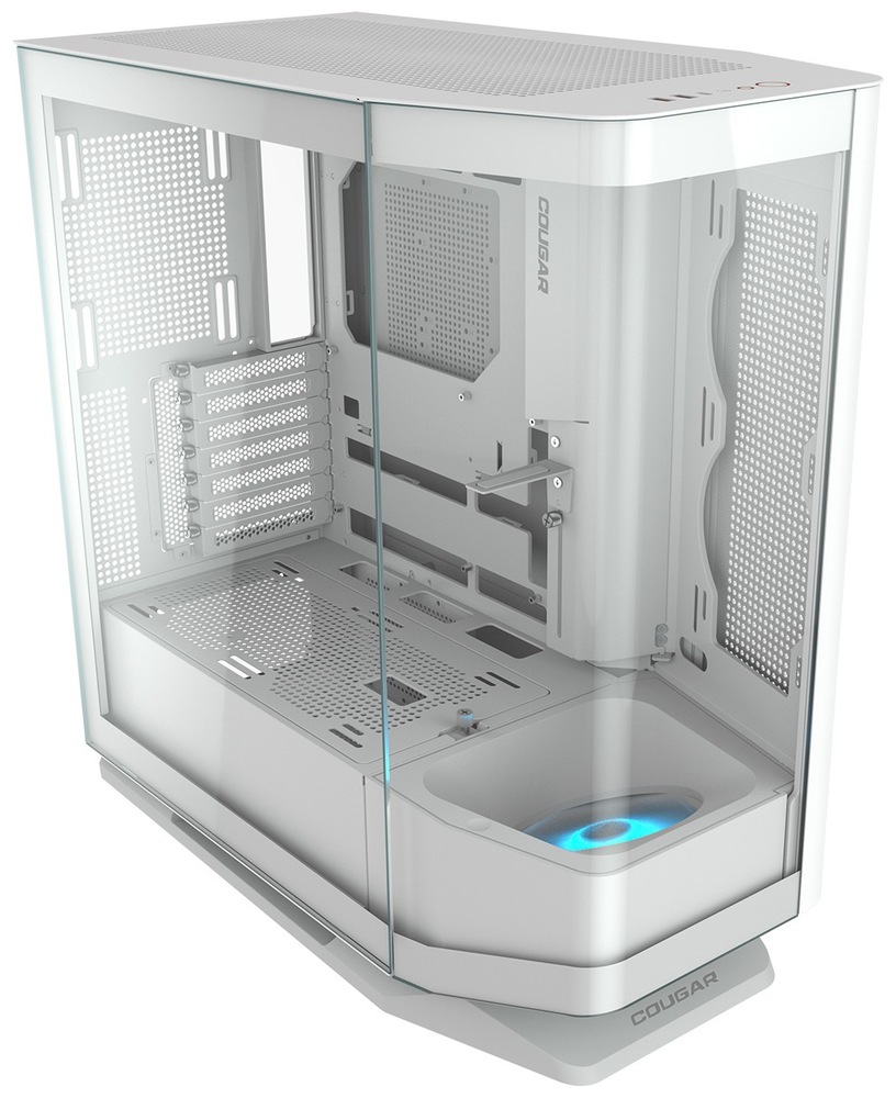 Počítačová skriňa Cougar FV270 s uhlovým umiestnením ventilátorov, biela farba