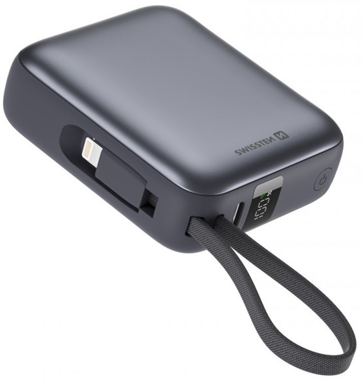 Powerbank Swissten s integrovanými káblami USB-C a Lightning, 10000 mAh strieborný