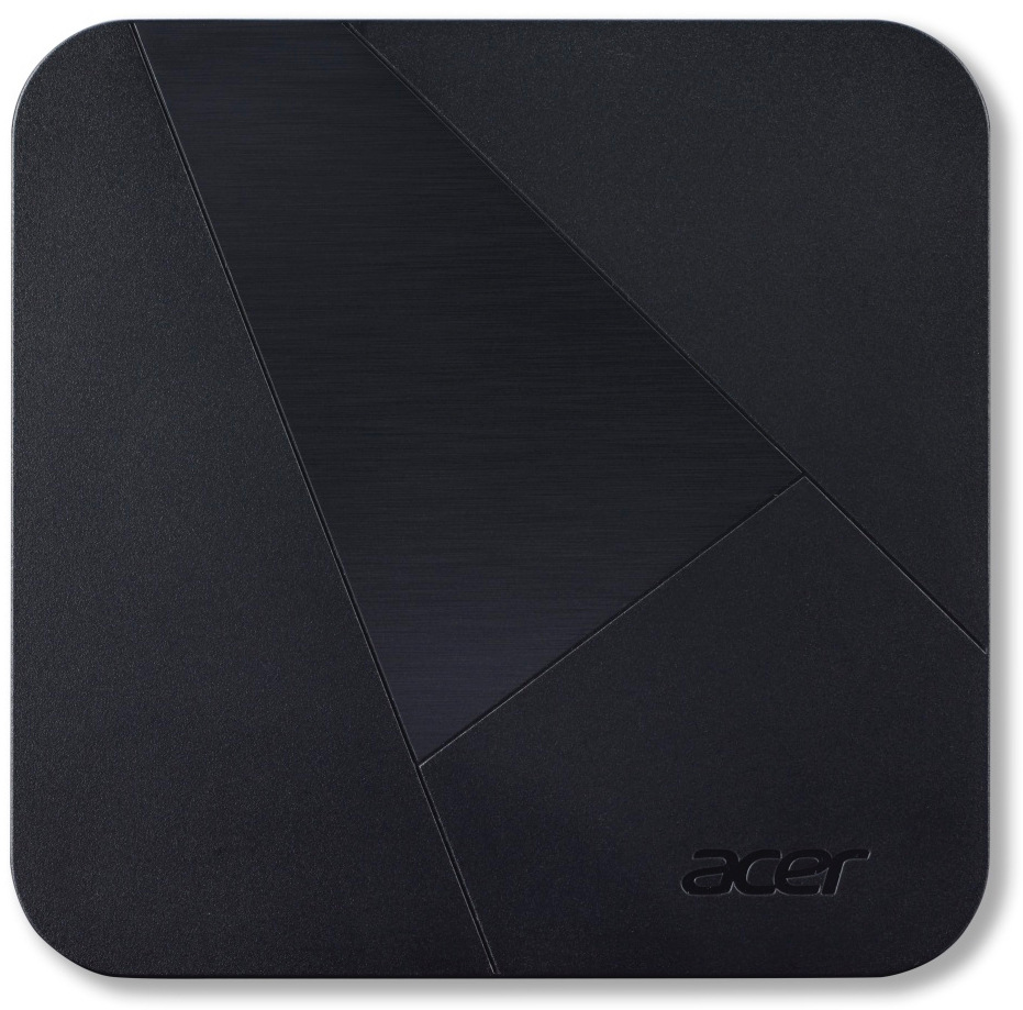 Pohľad na PC mini zhora. Čierna horná plocha, s logom ACER v pravom dolnom rohu, je opticky rozdelená tromi šikmými čiarami.