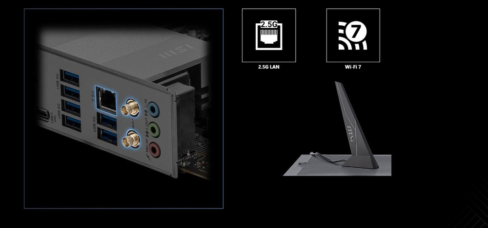 Základná doska MSI PRO Z890-S WIFI Detail zadných portov počítača s ethernetovými, USB a audio konektormi. Ikony zobrazujú 5G LAN a Wi-Fi 7. Na pravej dolnej strane vidíme anténu.