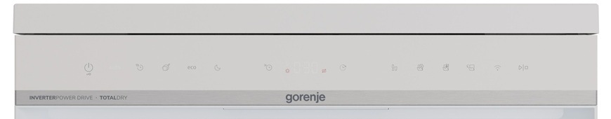 Umývačka riadu Gorenje G600 GS673A97W biela Na obrázku je detailný záber na predný dotykový ovládací panel umývačky Gorenje GS673A97W