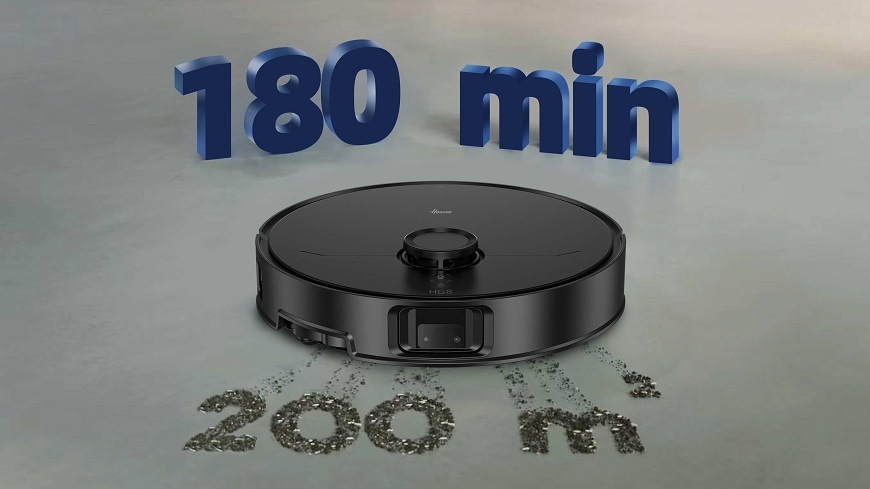 Robotický vysávač Hoover HG870HU 011 u ktorého sú nápisy 180 min a 200 m2